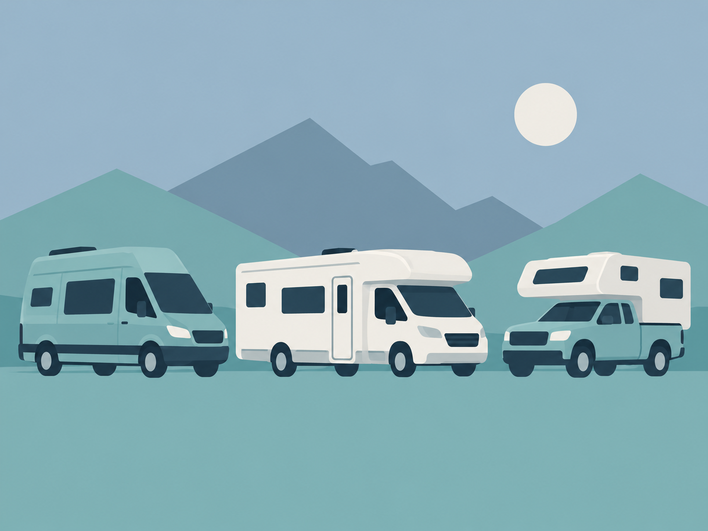 Abstrakte Illustration eines Campervans im Sprinter-Stil, eines Wohnmobils und eines Pickup-Campers vor schlichten Bergen